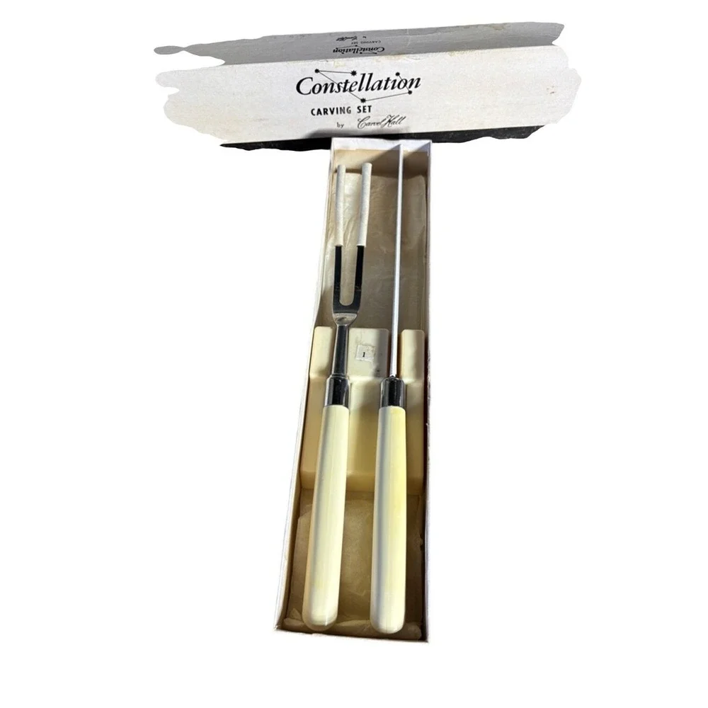 Vintage Carvel Hall Constellation Carving Set Ivory Color‎ Handles USA Retro NIB